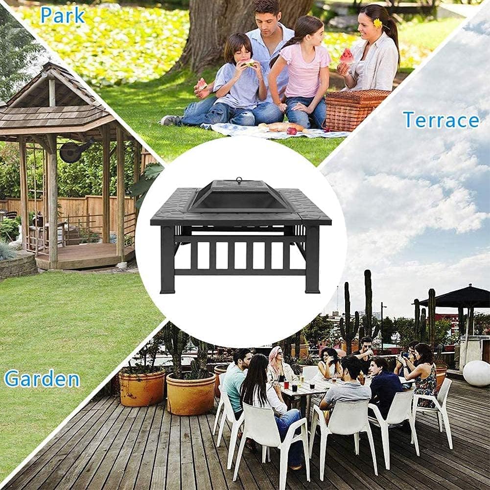 Outdoor Fire Pits BBQ, Backyard Firepit Table, Patio Garden Stove Wood Burning Fireplace, Spark Screen Cover, Poker, Rain Cover