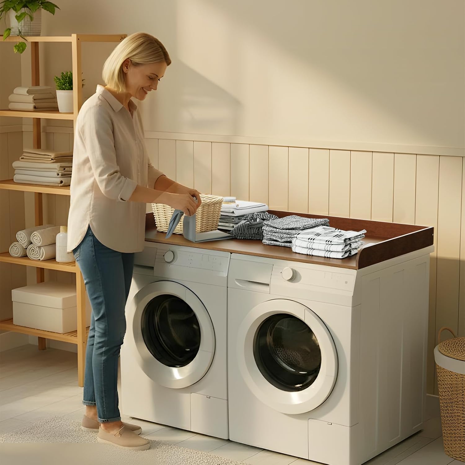 Fabuday Wood Washer Dryer Countertop for Laundry Room - 54'' W x 27.5'' D x 3.2'' H Laundry Counter Table for The Top with Edge, Storage and Organization Over Washing and Dryer, Satin Walnut Finish