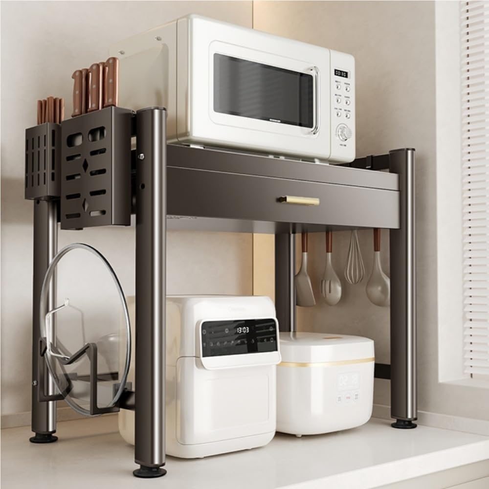 Adjustable Microwave Oven Countertop Rack, Microwave Oven Rack, Kitchen Counter Shelf, 2 Tier Metal Kitchen Countertop Organizer Shelves with 6 Hooks(59cm-23.2in)