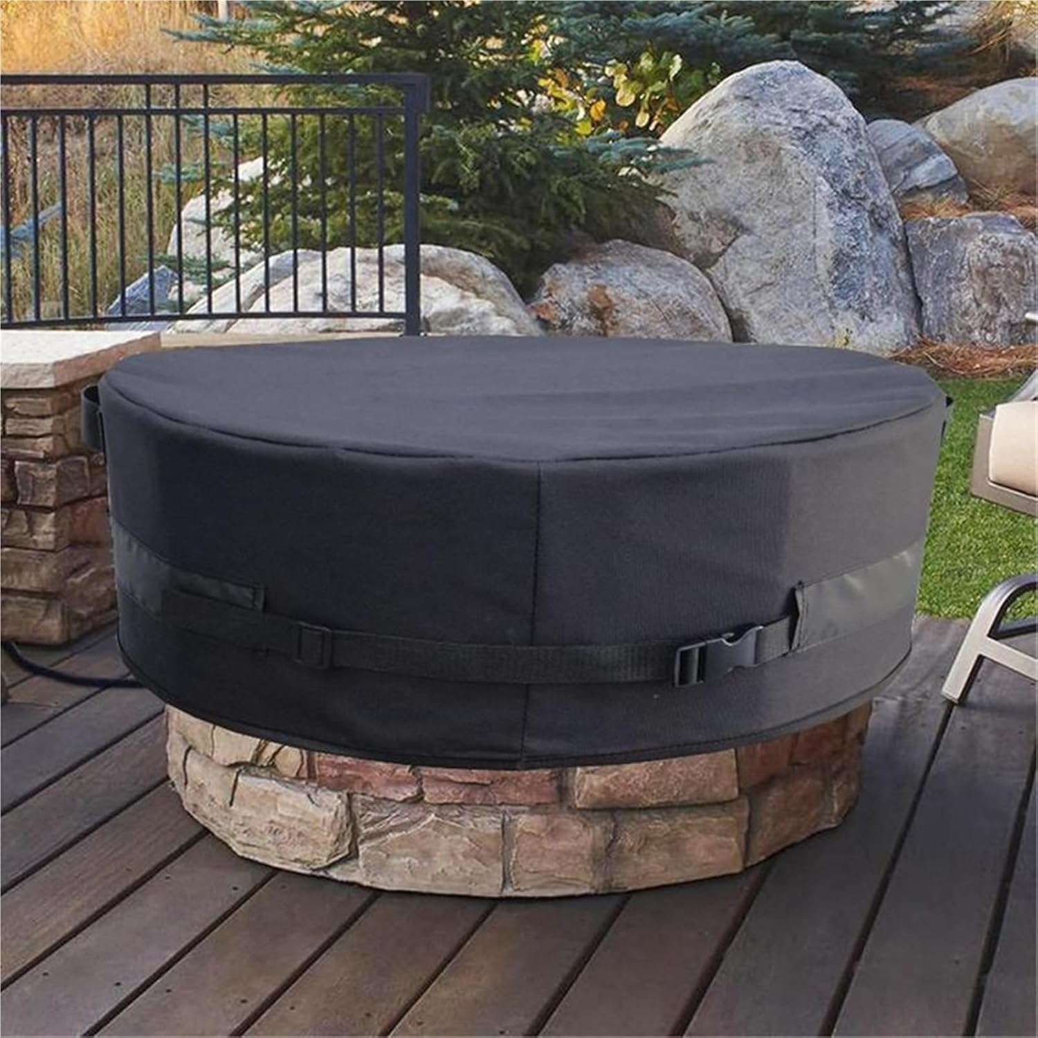 Outdoor Fire Pit Cover Waterproof Patio Fireplace Cover 600D Oxford Cloth Adjustable Buckle Heavy Duty for Patio Fireplaces(51 x 8inch)