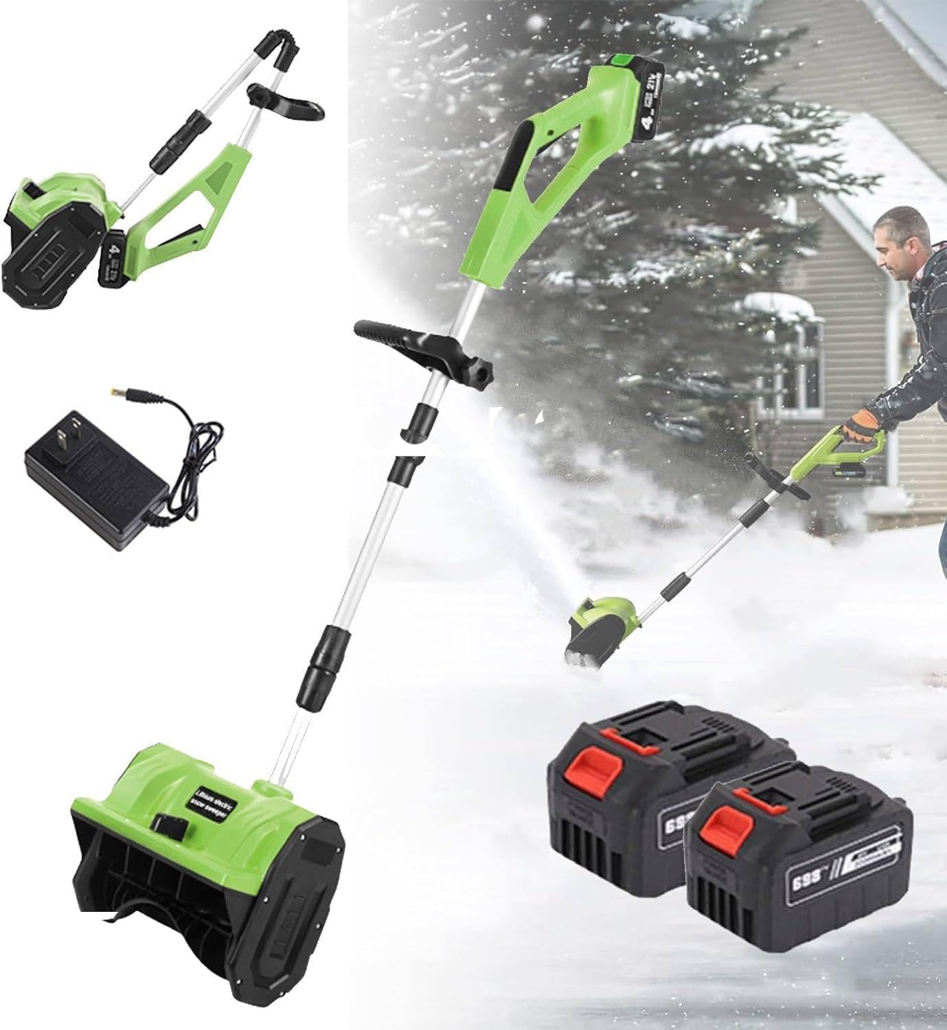 Lightweight Cordless Electric Snow Shovel with Directional Plate, Battery Powered 33000r/min Snow Blower Thrower & Adjustable Front Handle, for Driveway Deck Green
