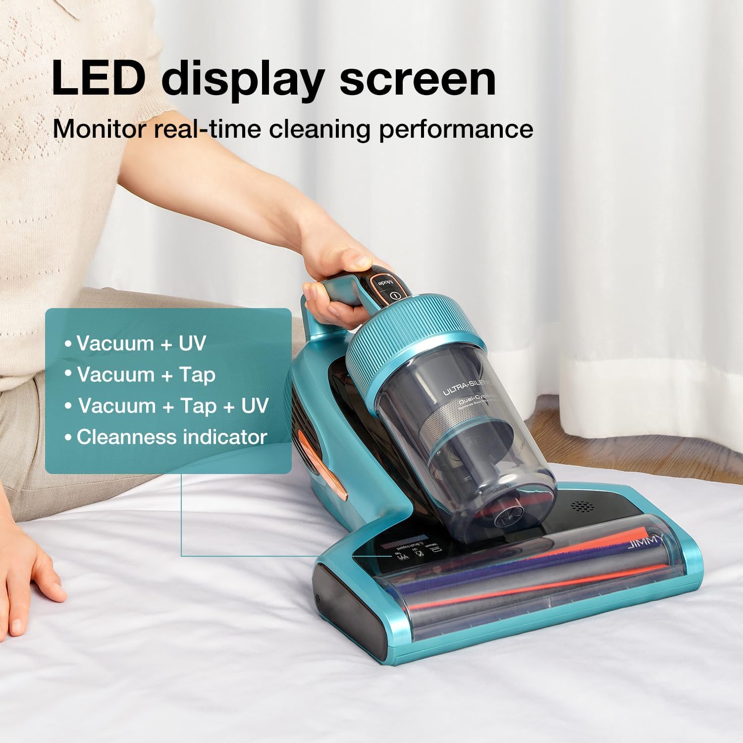 Jimmy Mattress Vacuum Cleaner with Dust Sensor, Bed Vacuum Cleaner with UV & Ultrasonic & 5s Quick Heating, 16Kpa Suction 480W Handheld Vacuum for Dust & Pet Hair with HEPA, Corded