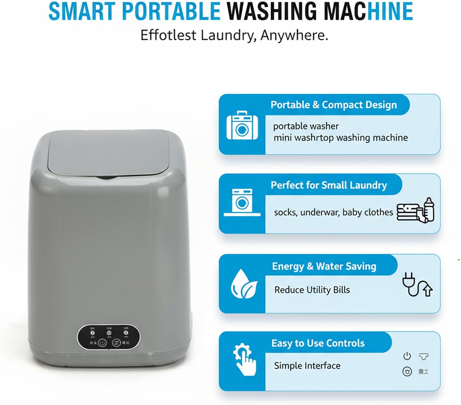 Portable Washing Machine AMZNR, Mini Compact Washer & Dryer Combo, Small Countertop Laundry for Apartments & RVs, Hand Wash Clothes, Lavadora Portatil (Grey)