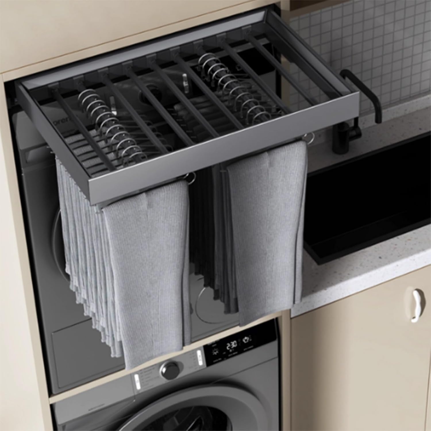 Pull-Out Trouser Rack Drawer with Adjustable, Movable Hanging Rod and Silent Pull-Out Hidden Saves Space, Holds 30 Kg(664-714mm)