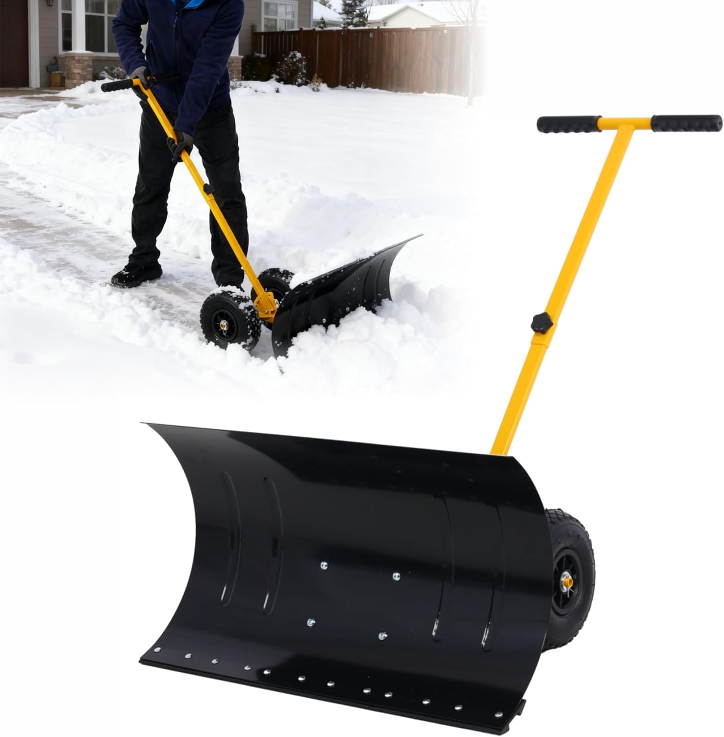 Snow Pusher Shovel for Driveway with Wheels, 29