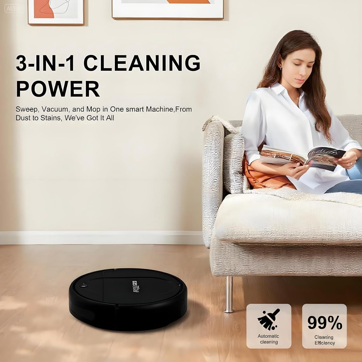 3-in-1 Robot Vacuum and Mop | 4500Pa Strong Suction, Anti-Tangle, 120 Mins Runtime, Ultra-Thin, Low Noise, Smart Navigation, Multiple Cleaning Modes, Ideal for Pet Hair and Hard Floors (Black)