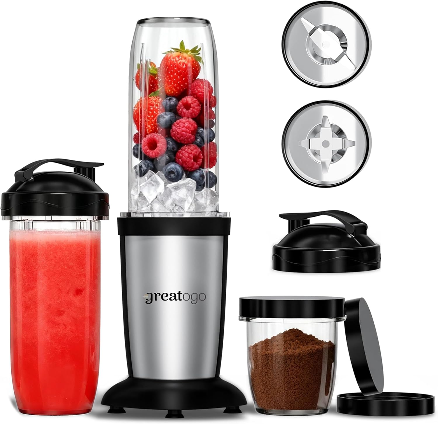 Personal Blender Smoothies Shakes, Greatogo 350W 2-IN-1 Bullet Grinder, 11 Set including 2pk 24oz 1pk 10oz Grinding Cup, 2pk Stainless-Steel Blades, Tritan BPA-Free Dishwasher-Safe