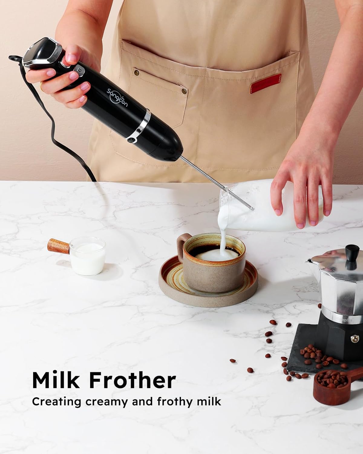 Sangcon Immersion Blender Handheld, 3-in-1 Hand Blender Electric, 400W Handheld Licuadora de mano, Stainless Steel Blade Stick Mixer with Whisk, Milk Frother Attachments - Black