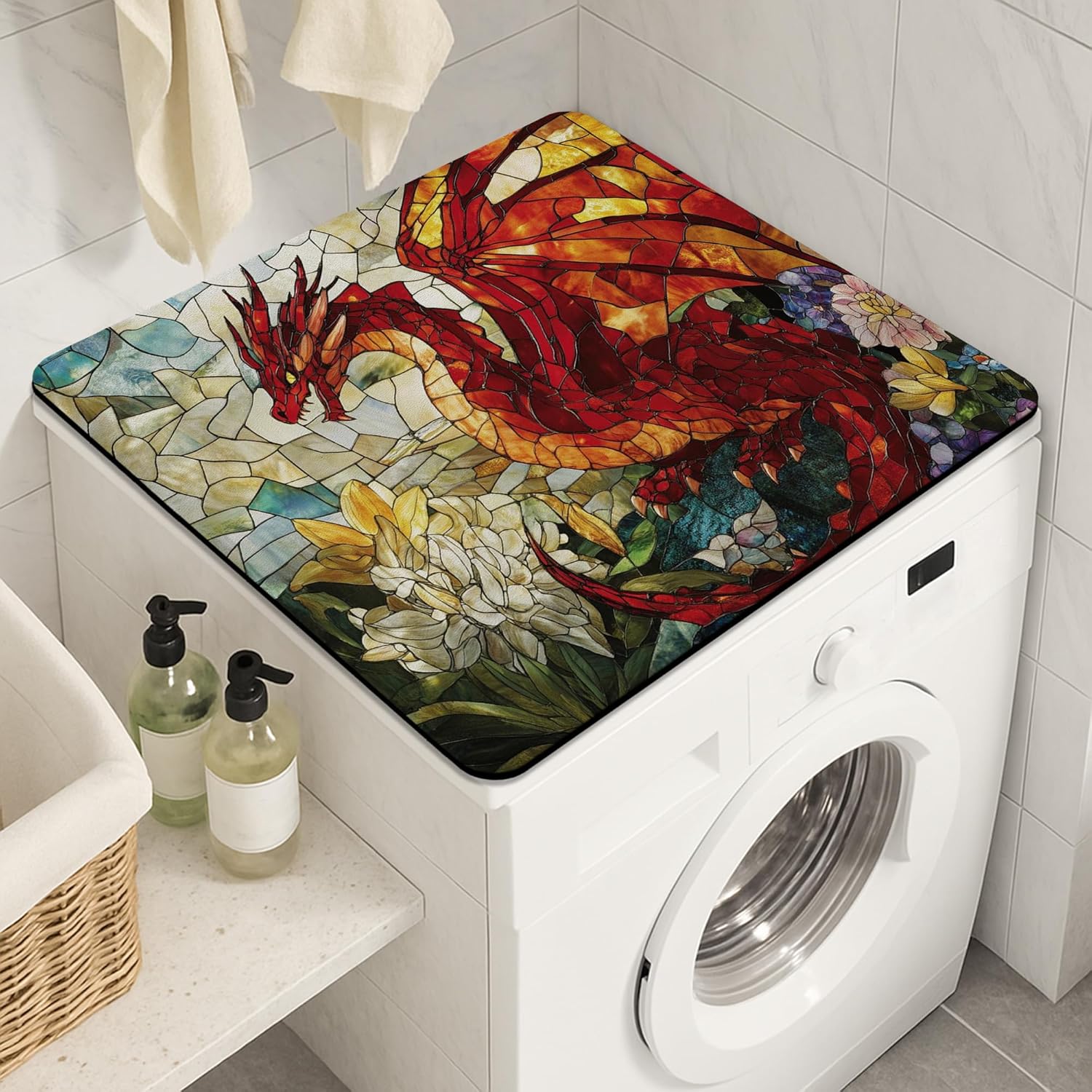 Stained Glass Dragon Washer Dryer Top Protector Mat, Red Fantasy Artwork Laundry Machine Dust Cover, Rubber Anti-slip Waterproof Mats for Home Decor 24x24 Inch