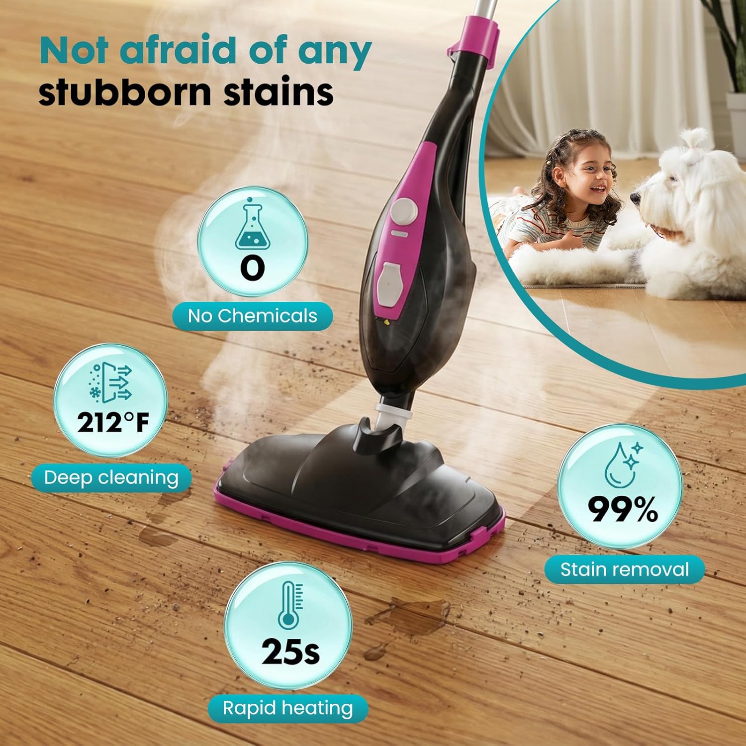 OLIXIS 10-in-1 Steam Mop, 1550W Detachable Handheld Steam Cleaner for Floor Cleaning, 16.4FT Cord, 2 Washable Pads, Multi-Purpose Floor Steamer for Hardwood, Carpet, Tile, Grout, Windows, Black Pink