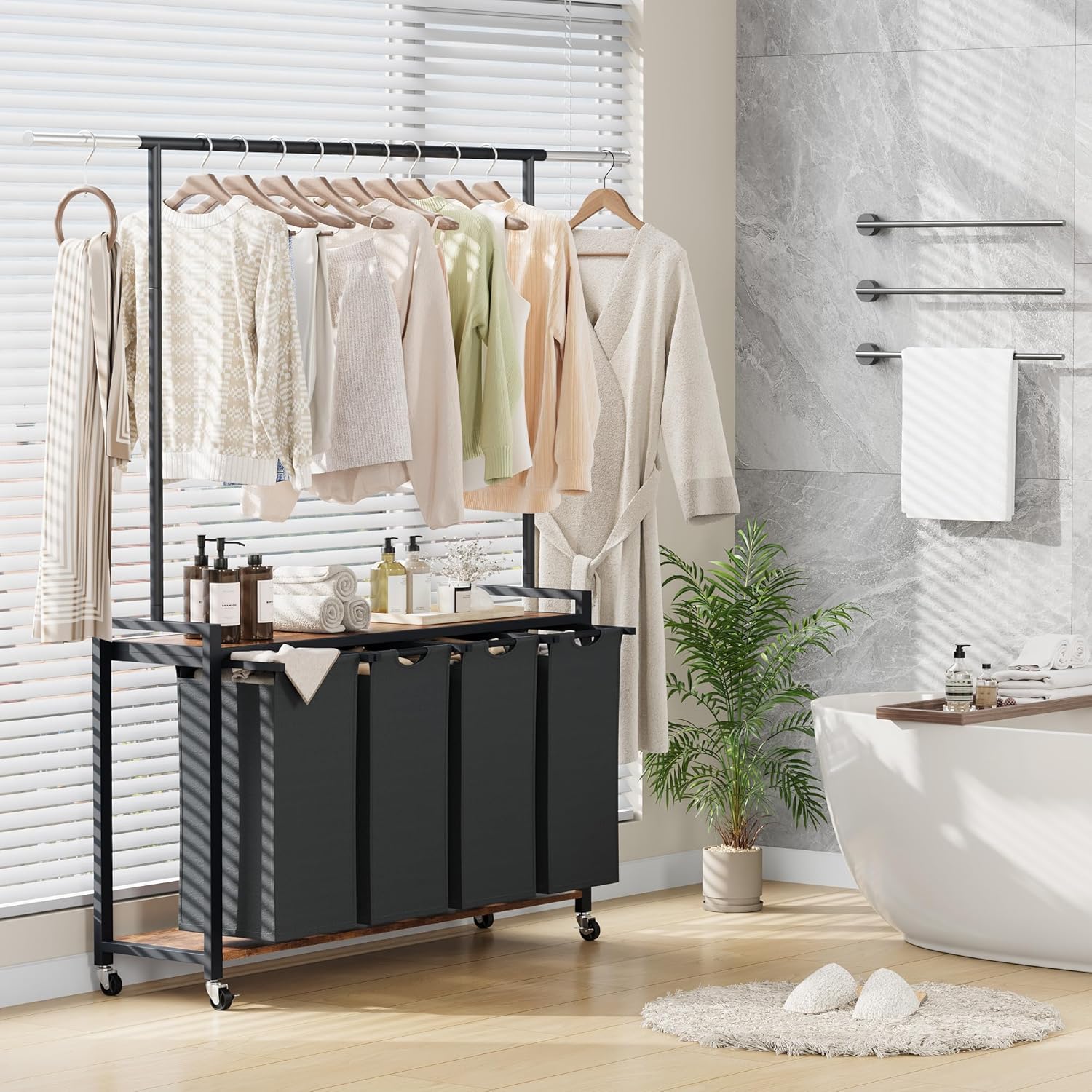 GarveeHome Rolling Laundry Cart with Hanging Rack & Utility Shelf | 4-Section Laundry Sorter Hamper with Lockable Wheels | Laundry Basket Organizer for Laundry Room, Bedroom, Bathroom | Black