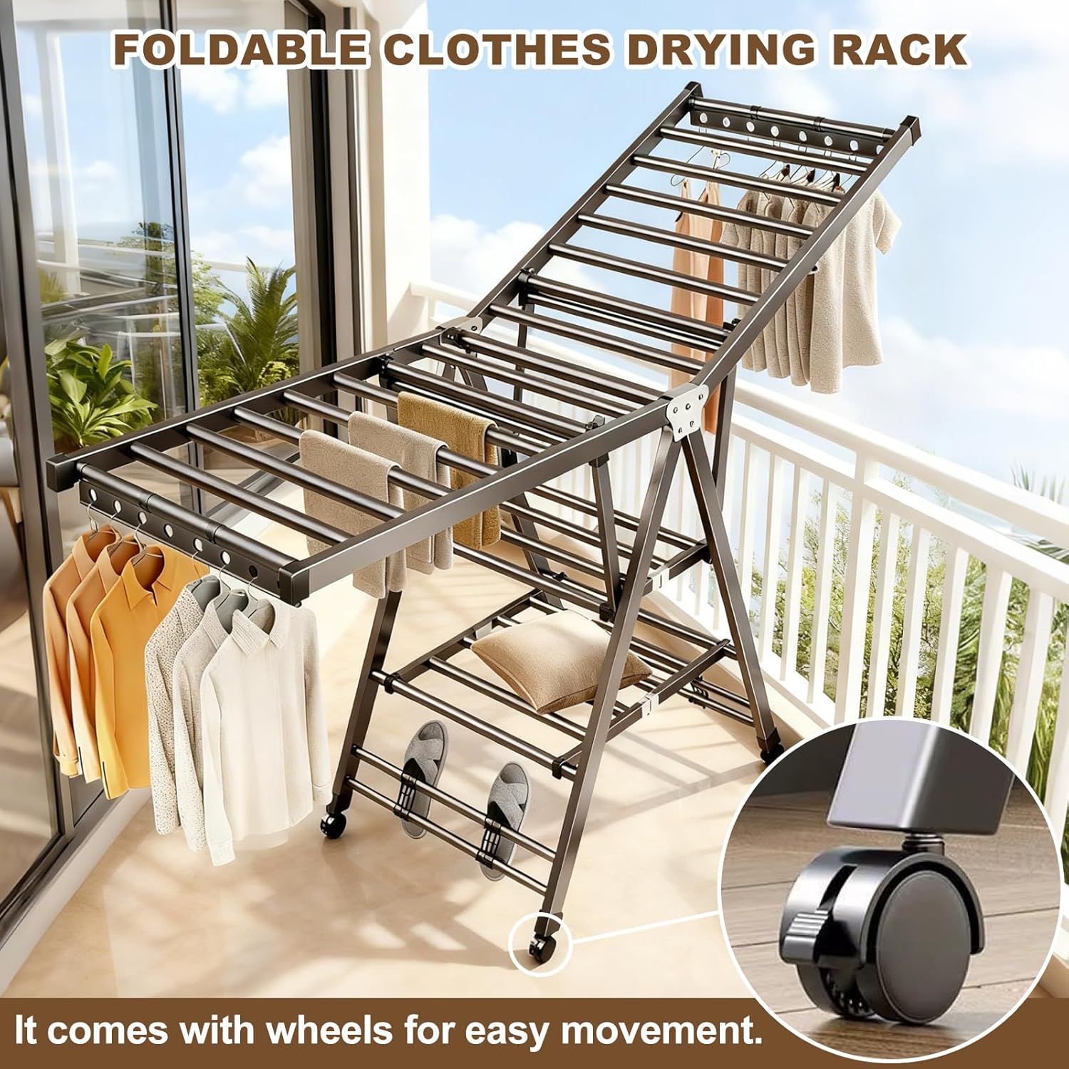 Heavy Duty 3-Tier Clothes Drying Rack with Wheels & Shoe Rack - Large 5.9ft Foldable Metal Laundry Stand, Portable Collapsible Clothing Hanger for Indoor Outdoor Use in Laundry Room