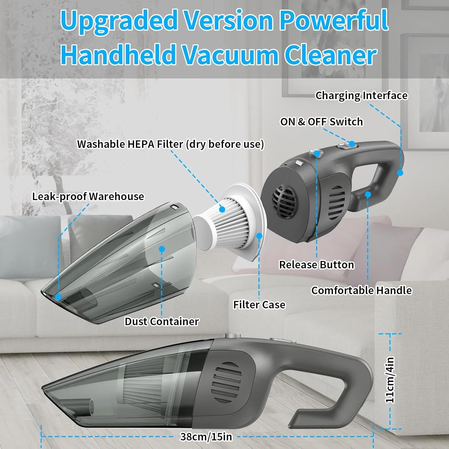 TBBSC Portable Car Vacuum Cleaner, Cordless Handheld Vacuum 7.5KPA Powerful Vacuum for Home Car Pet Hair