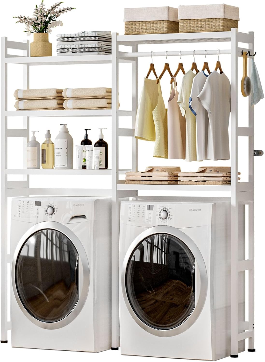 Over The Washer and Dryer Storage Shelf Bamboo,5 Tiers Laundry Room Drying Rack with Adjustable Shelves and 4 Hooks,Space Saver Organizer for Hanging Clothes and Towels (White)