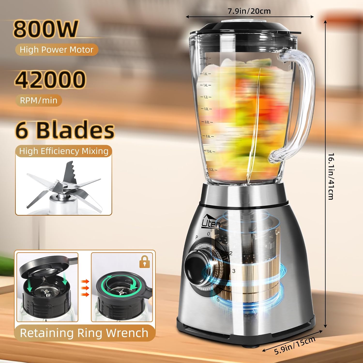 Uten 800 Watt Hight Speed Countertop Blender for Smoothies and Shakes, Ground Coffee Beans, 60 Oz Glass Jar, 5 Speed Settings and Pulse