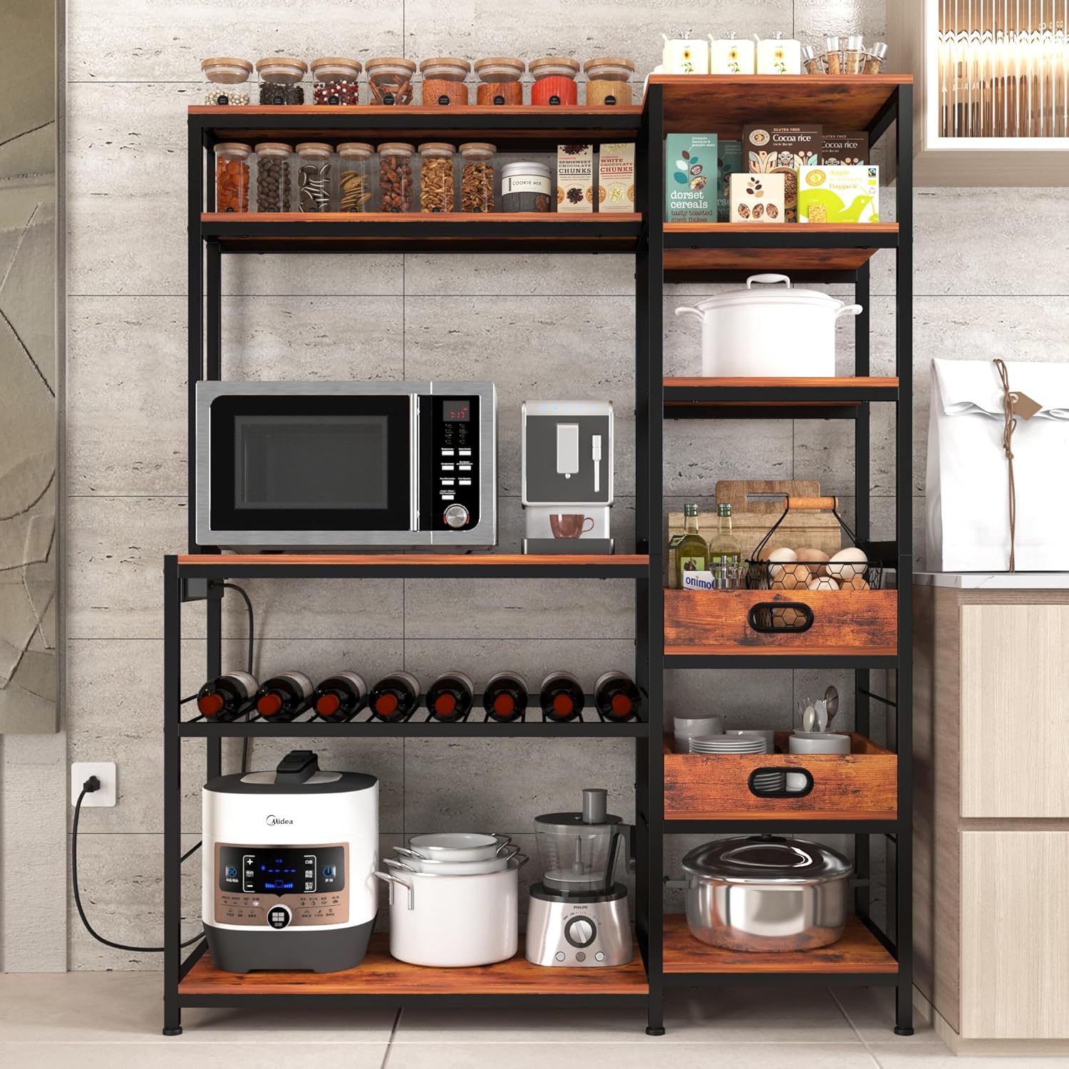 Bakers Rack with Power Outlet,Industrial Microwave Oven Stand with Wooden Serving Trays and Wine Rack,6-Tier Free Standing Kitchen Storage Shelf Bakers Rack,Kitchen Rack Organizer with Storage