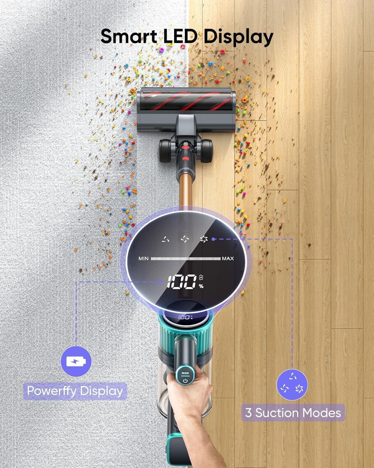 Cordless Vacuum Cleaner, 50Kpa 600W Vacuum Cleaners for Home, 60 Mins Stick Vacuum Cordless Rechargeable, Self-Standing, Wall Mount Charging Household Vacuum Cleaner for Carpet Pet Hair Hardwood Floor