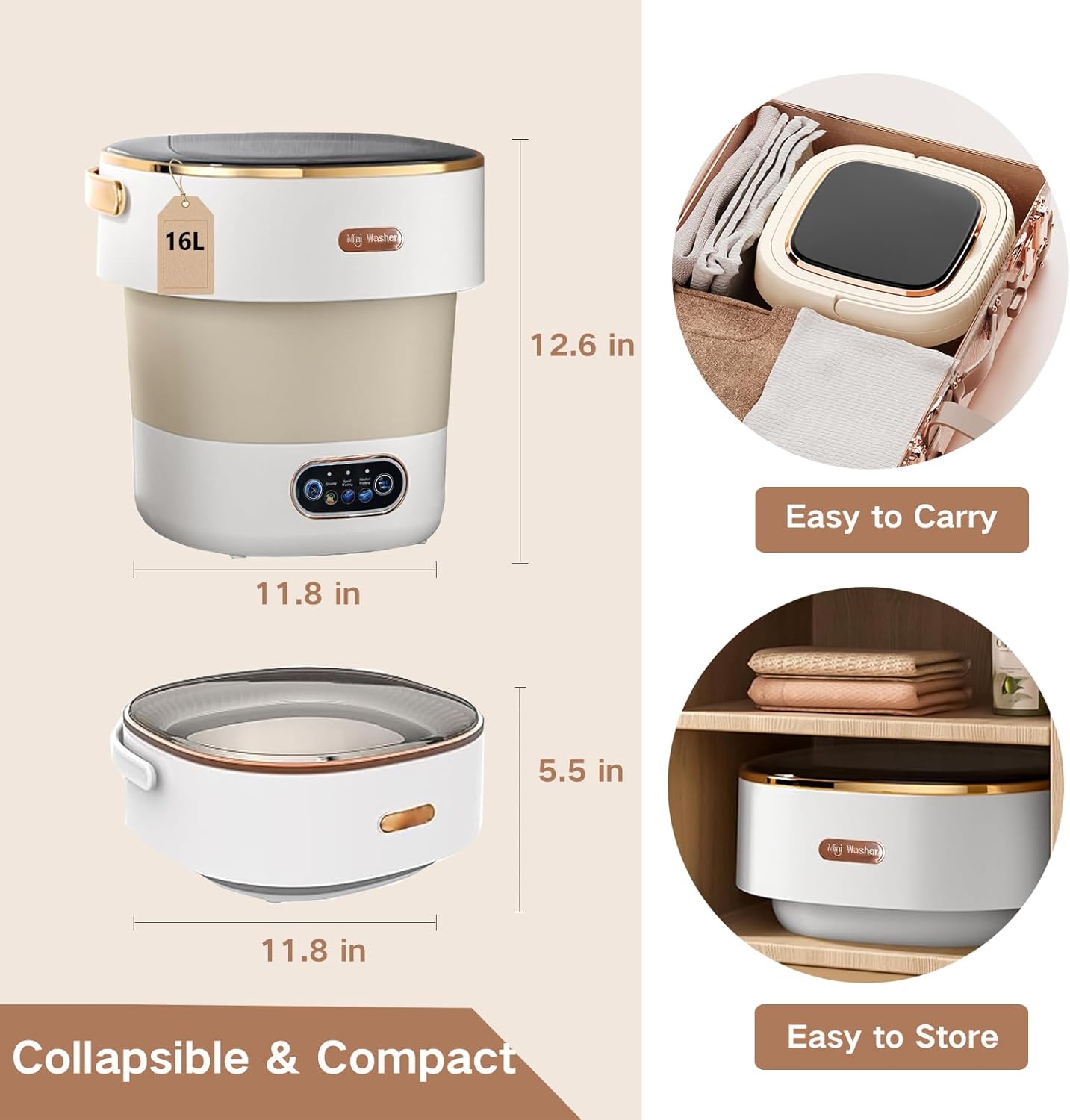 Portable Washing Machine, 15L Mini Collapsible Washer with 3 Cleaning Modes for Baby Clothes, Underwear, Small Foldable Laundry for Travel Apartment Home Dorm Hotel Camping (White+Khaki 16L)