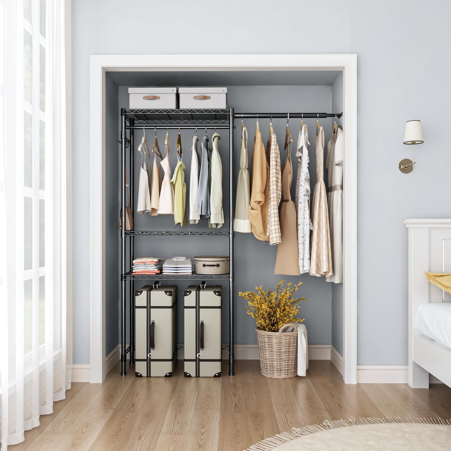 Over Washer and Dryer Shelves,3 Tier Adjustable Wire Shelving Laundry Room Storage Organization Clothes Drying Rack with Mounted on the Wall Expandable Hanger Rods&Hook,55