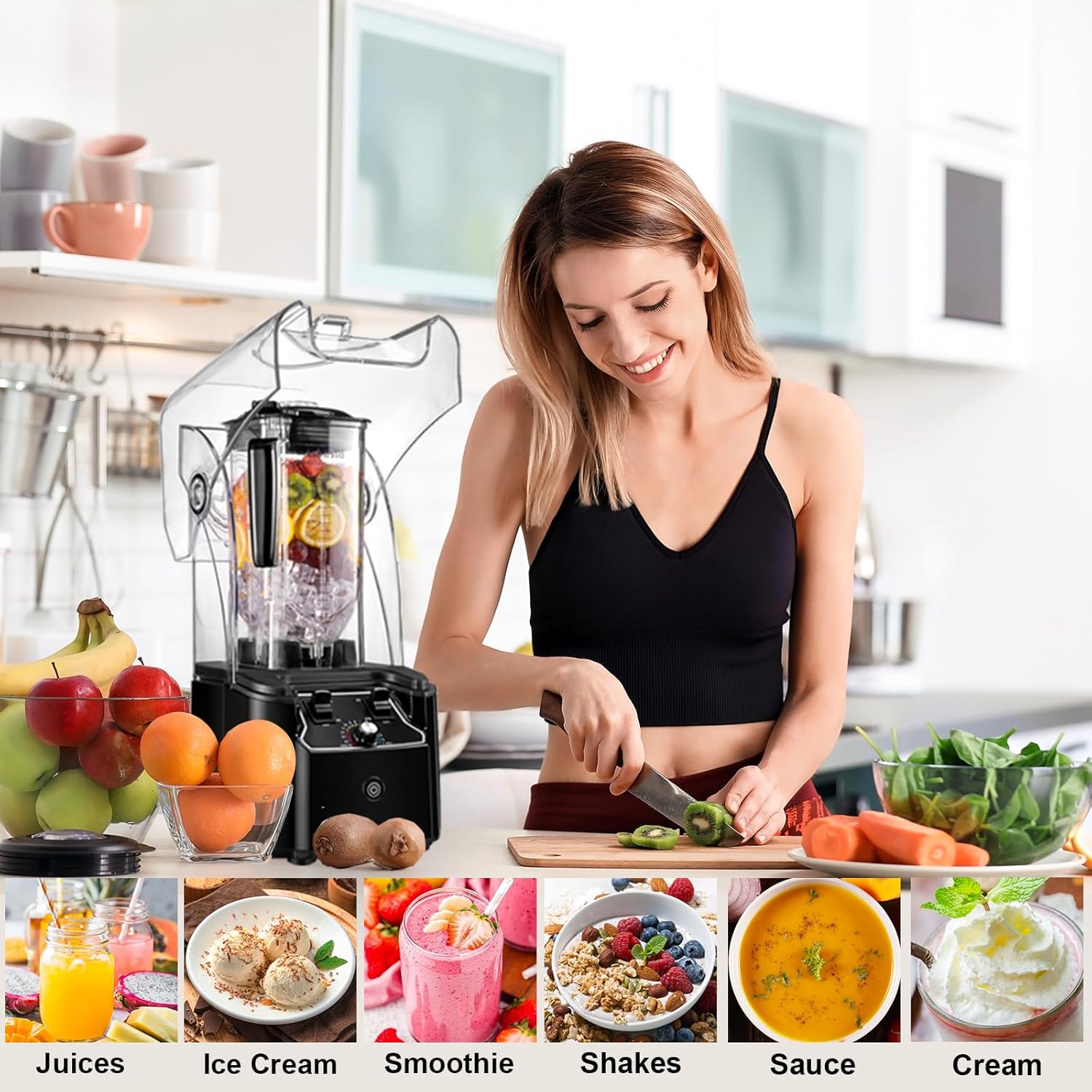 Commercial Blender for Smoothies With Quiet Shield, 2.5HP Motor, Stainless Steel Blade, 80oz Pitcher for Shakes, Smoothies, Ice Crushing, Frozen Drinks, 15 Speeds, Self-Cleaning, Black