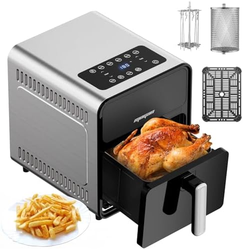 Air Fryer Toaster Oven with Rotisserie, 8.5QT 1650W 6-In-1 Countertop Oven with Stainless Steel Grill, 4 Preheats, 24H Timer, 13 Temp Settings, LED Touchscreen Digital Air Fryer Oven for Bake, Broil