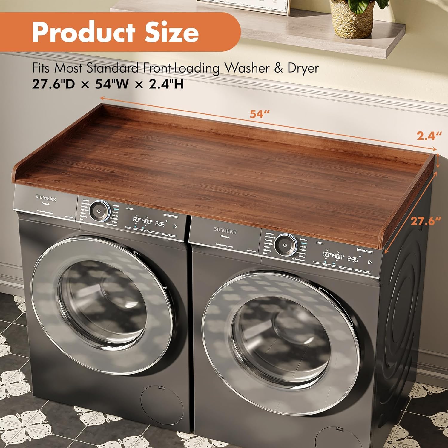 Premium Washer Dryer Countertop with Anti-Slip Pad, 54inch Laundry Room Organization Set, Stackable Storage Solution with Silicone Ironing Mat, Diatomite Mat(Brown)