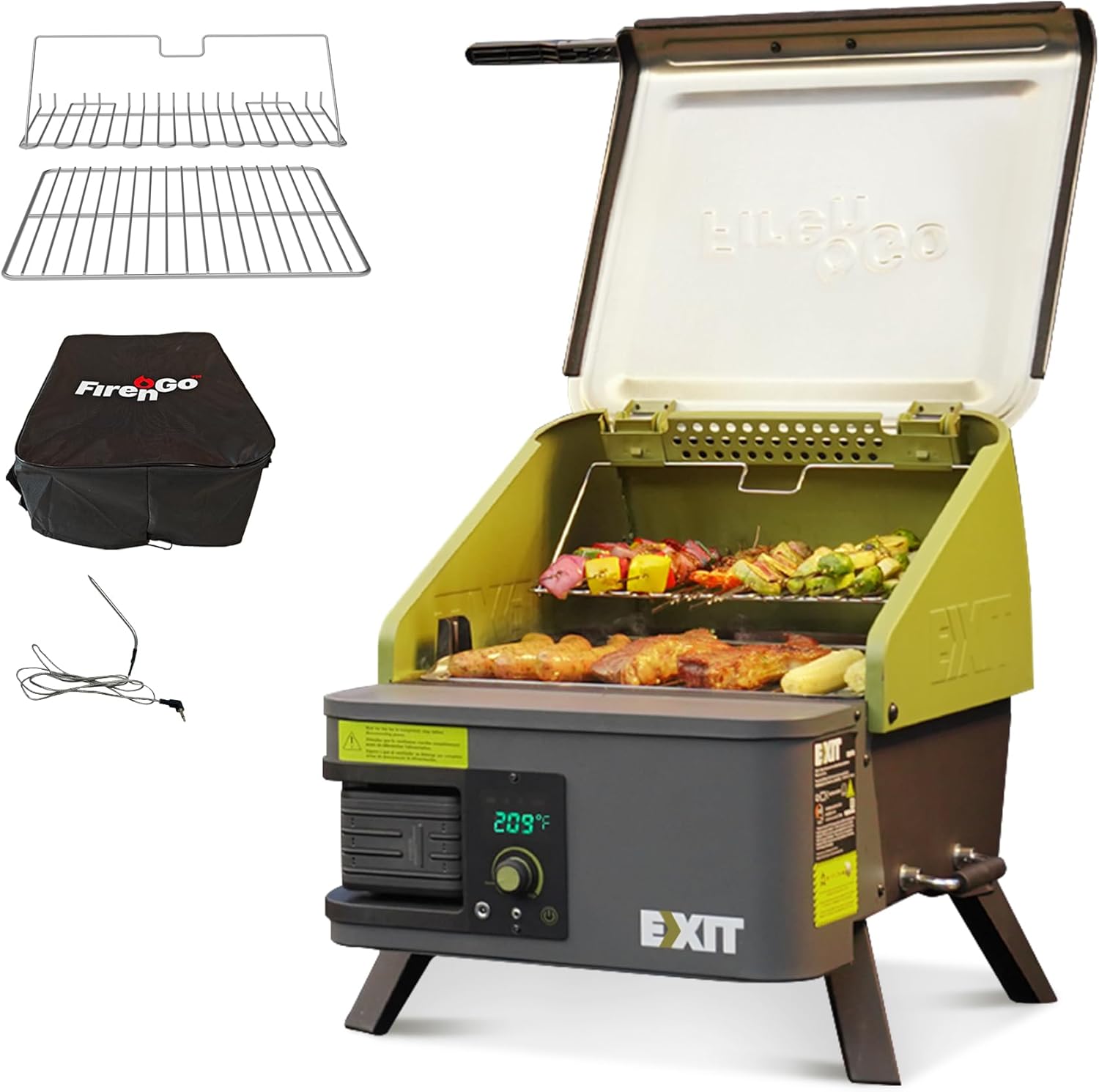 EXIT Fire'n'Go 20V Portable Wood Pellet Grill Smoker, Electric Tabletop Pellet Smoker, 287 Sq.In. Cooking Area, Temperature Control (160-500°F) Outdoor BBQ Grill for Camping, Tailgating, RV, EX110