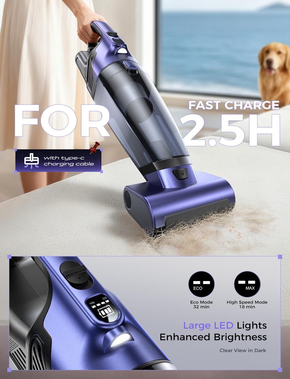 MAGIC JOHN Pet Hair Handheld Vacuum Cordless, 20000PA High Power Car Vacuum with Motorized Brush and LED Light, Rechargeable Hand Held Vacuum Cleaner with Reusable Filter for Car, Home, Office & Pet