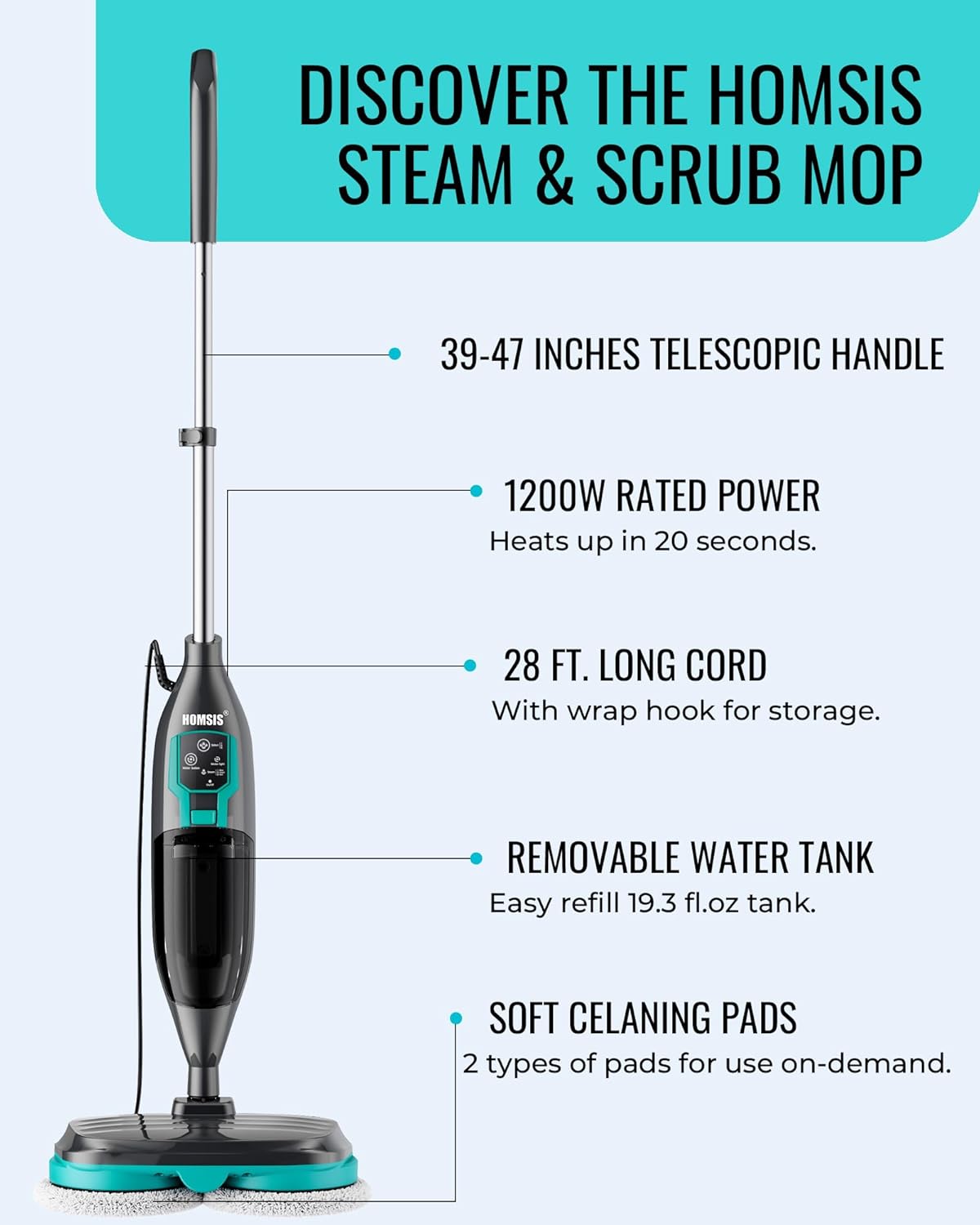 Steam Mop Floor Steamer Scrubber: Hardwood Tile Laminate and Vinyl Hard Surface Floors Scrub Cleaning Machine - Electric Power Spin Mops Wood Floor Cleaners Heavy Duty Scrubbing Mopping