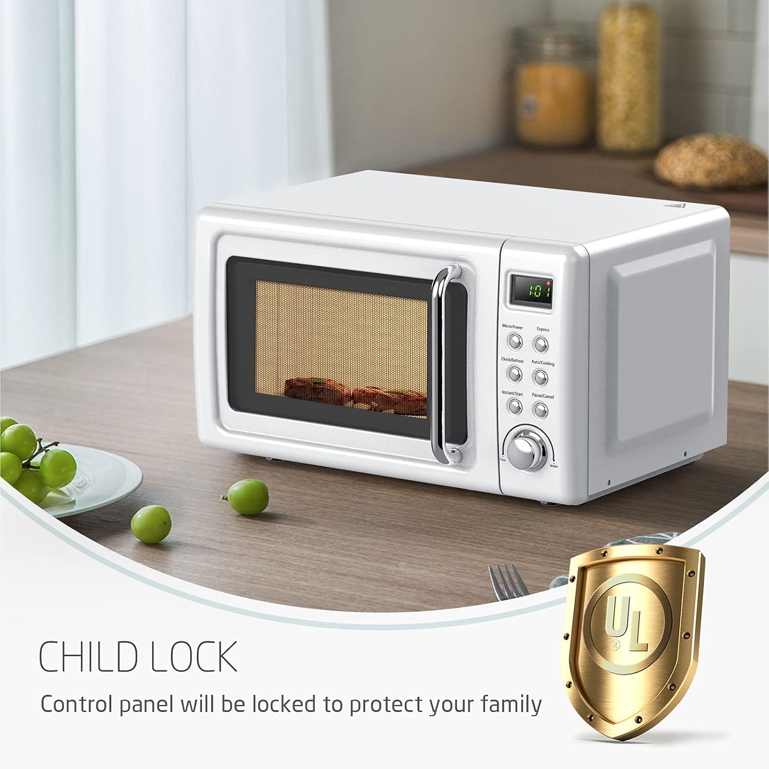 Retro Microwave Oven, SIMOE Small Countertop Microwave 0.7 cu. ft. 700W with 8 Preset Cooking Options (White)