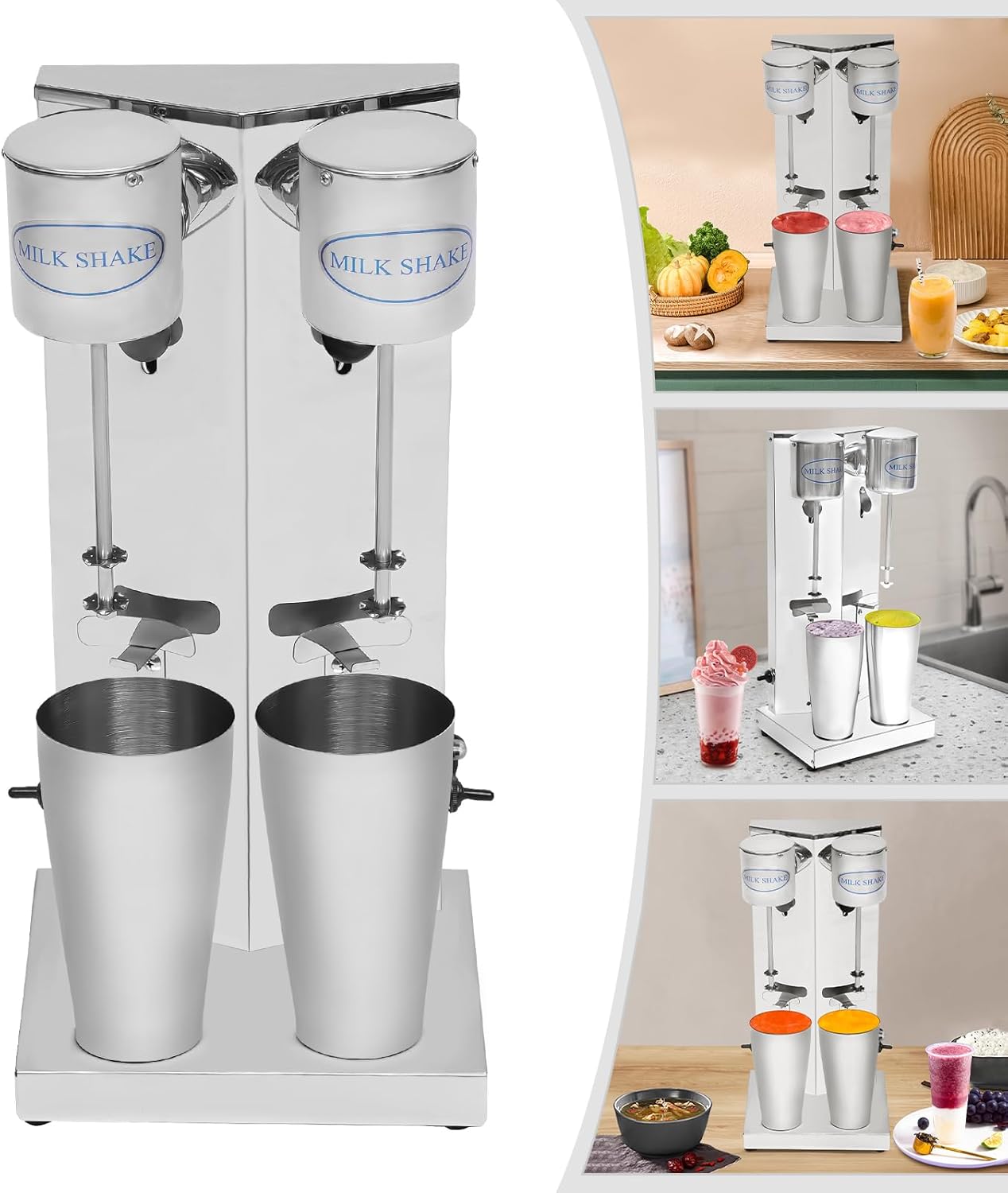 Commercial Stainless Steel Double Head Milkshake Maker, 1800W Electric Milkshake Machine with Two 800ml Cups, 16000RPM High-Speed Blender for Shakes, Smoothies, Cocktails, Ideal for Home, Cafe, Bar