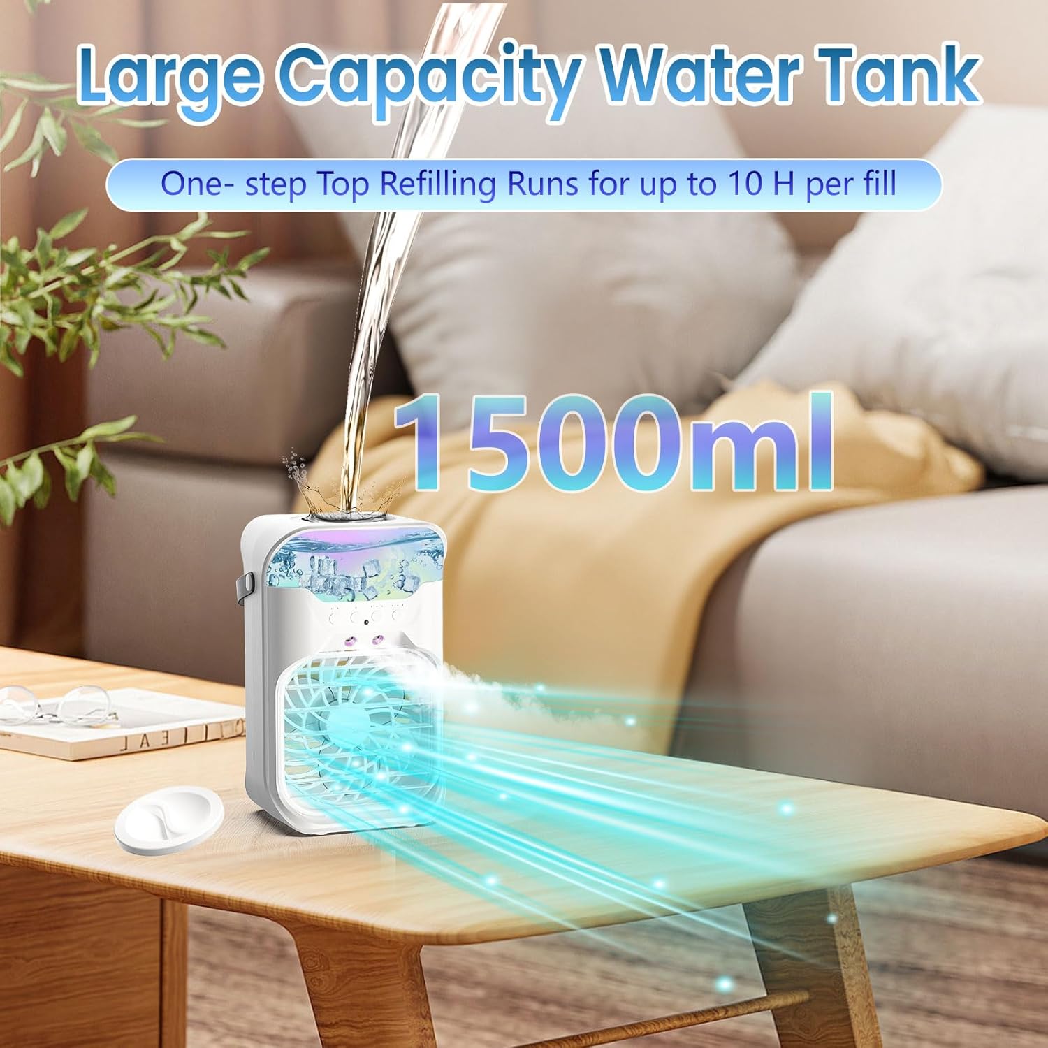 IWENNUAN Portable Air Conditioners, 4 in 1 Portable AC Unit with Remote, 1500ml Water Tank, 3 Speeds, 6H Timer, 2 Spray Mist, 7 Night Light, Personal Mini Air Conditioner for Bedroom, Black