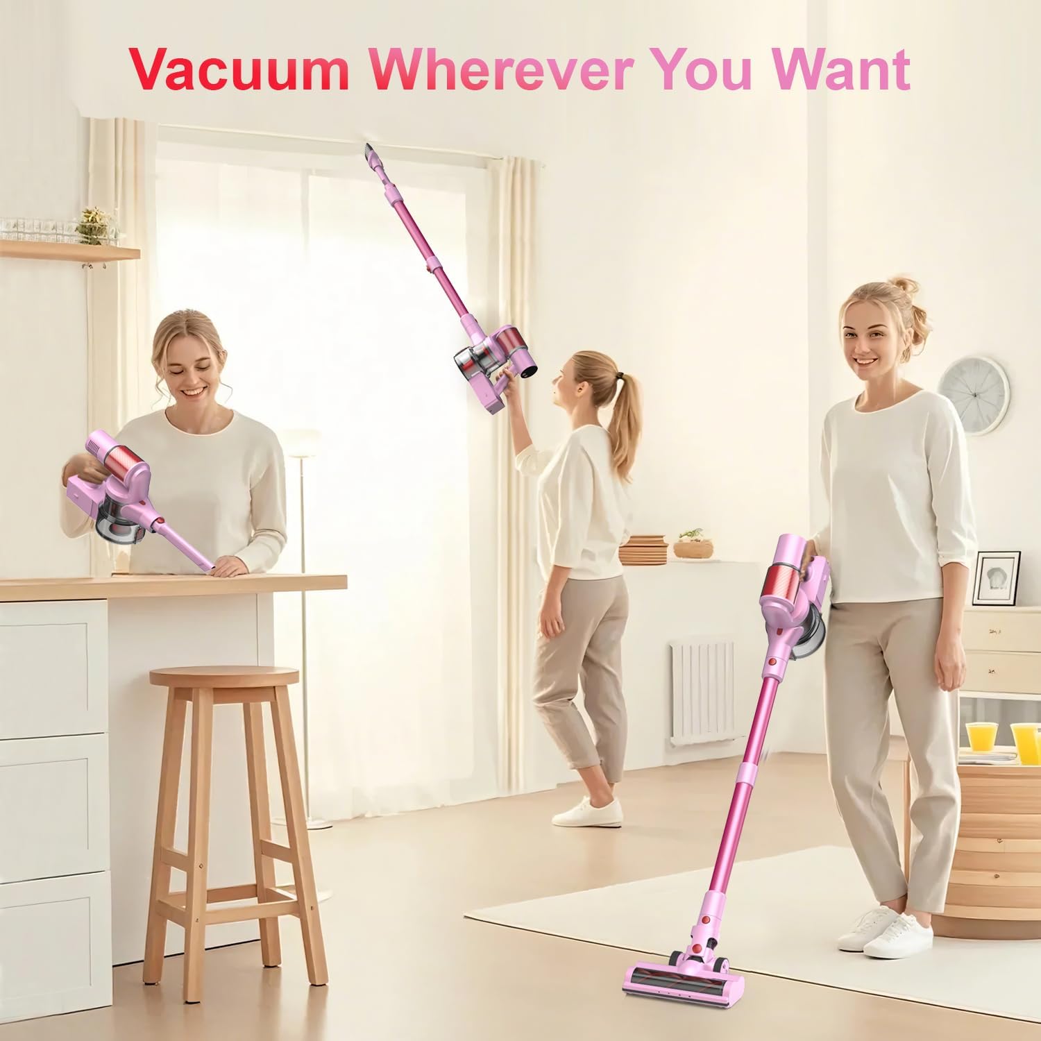 Pink Cordless Vacuum Cleaner, 45Kpa/550W/60 Mins Runtime Stick Vacuum with Self-Standing and Touch Screen, Anti-Tangle Wireless Vacumm, Vacuum Cleaners for Home/Pet Hair/Carpets/Floors