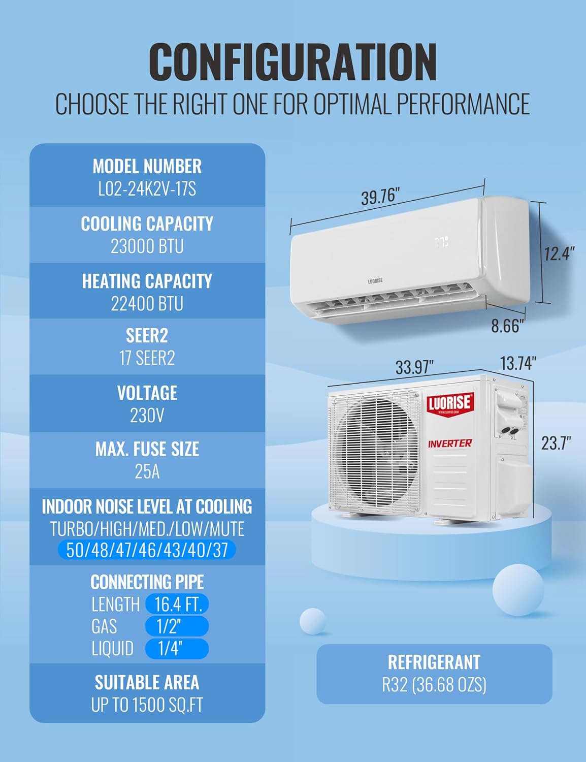 23000 BTU WiFi Mini Split AC/Heating System, Ductless Air Conditioner, 17 SEER2 230V Inverter Wall AC Unit, Cools Up to 1500 Sq.Ft, Pre-Charged Heat Pump & 16.4ft Installation Kit
