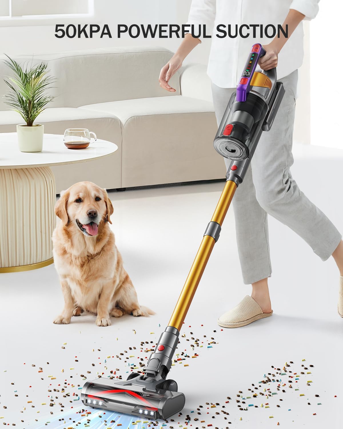 Cordless Vacuum Cleaner, 600W 50KPA 70Mins Vacuum Cleaners for Home, Self-Standing Stick Vacuum with Aromatherapy & LED Display Screen, Stick Vacuum Cordless Rechargeable for Pet Hair/Carpets (Gold)