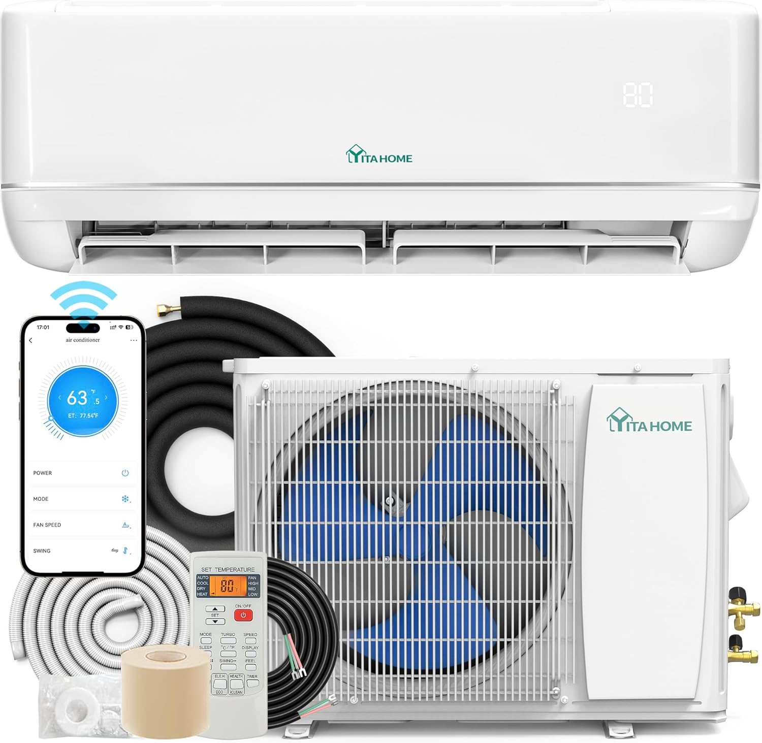 YITAHOME 12000 BTU Mini Split Air Conditioner Heat Pump System, 21 SEER2 208-230V Ductless Inverter System with Wi-Fi & Alexa Compatibility, Cover Up to 750 Sq. Ft, Complete Installation Kit Included