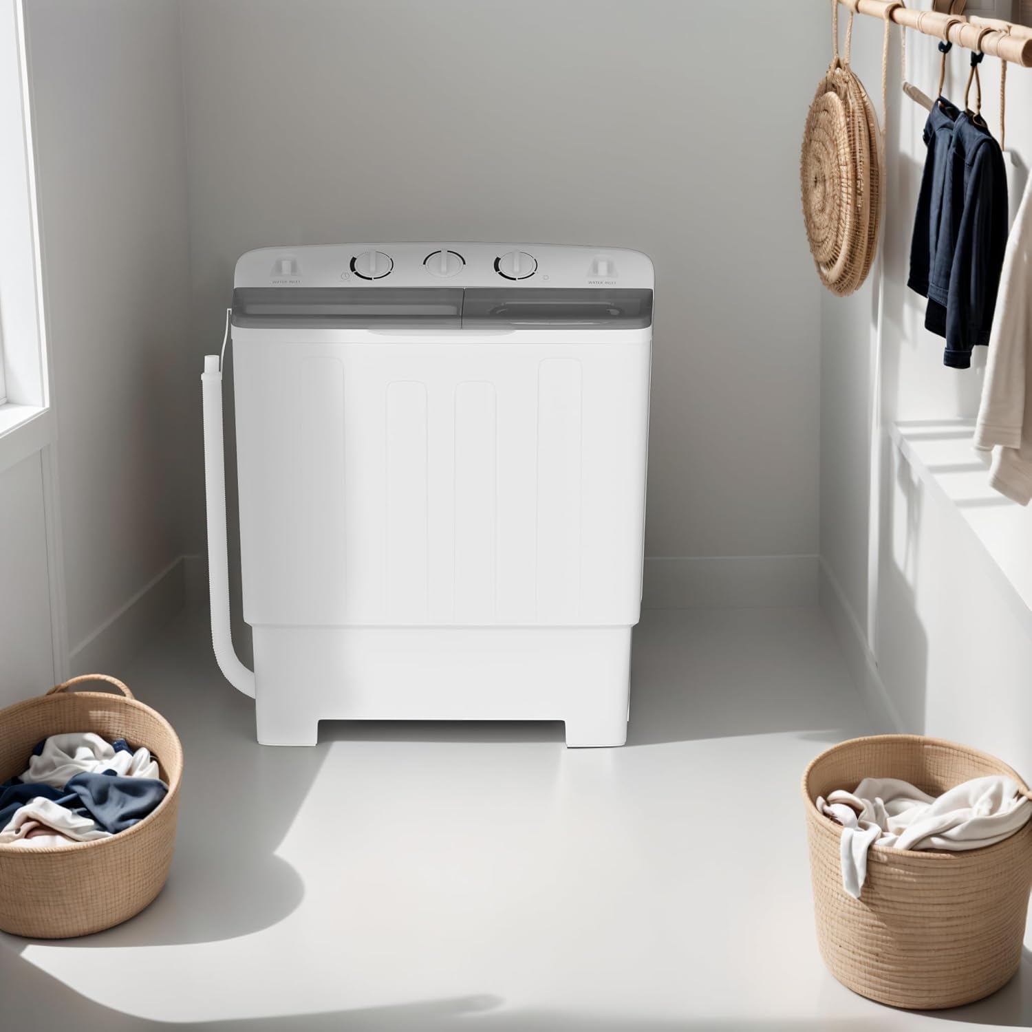 Sportpulse 17lbs Mini Twin Tub Portable Washing Machine, 10lbs Washer & 7lbs Spinner with Time Control for Apartments, Camping, RV – Compact Black Laundry Washer