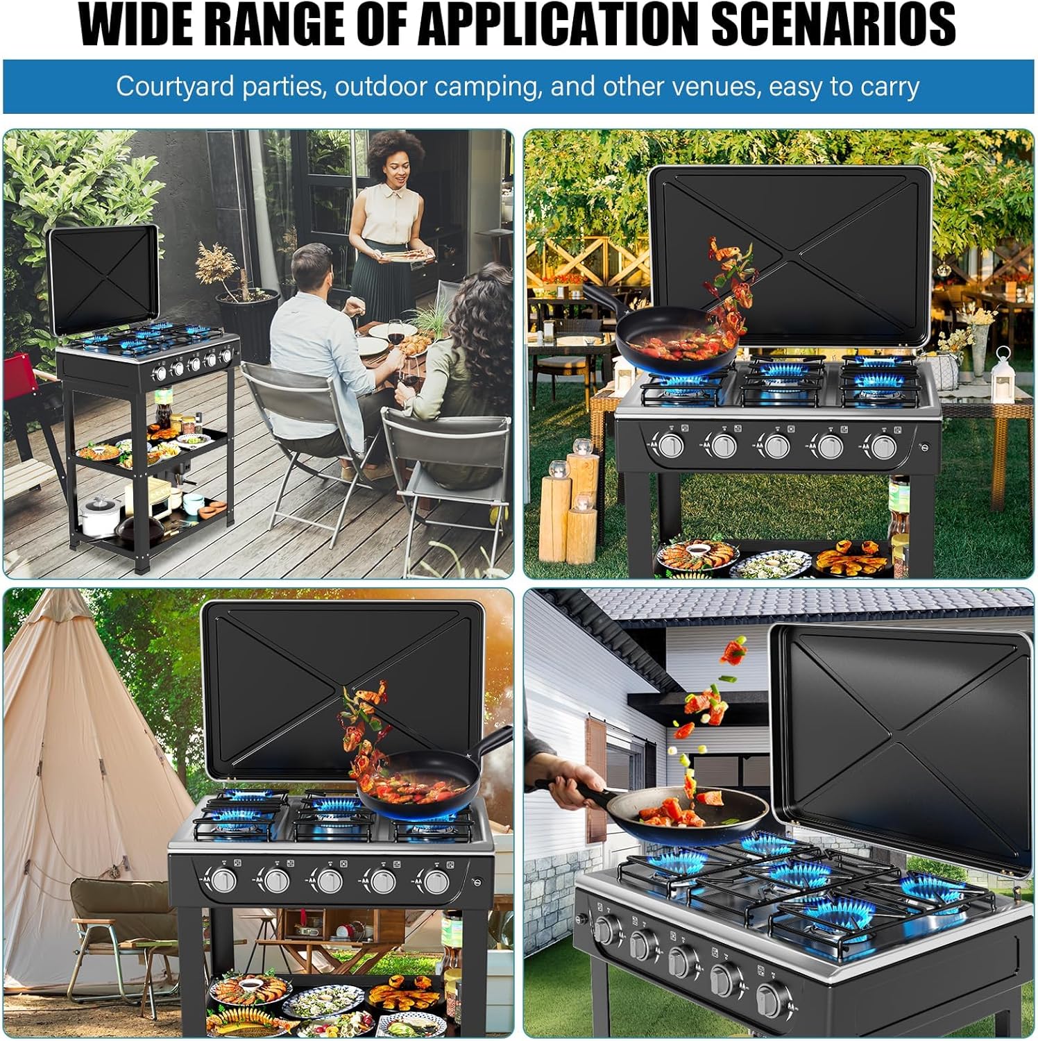 Propane Gas Stove,5 Burner Propane Burner,Auto Ignition Camping Stove with Support Leg Stand and Wind Blocking Cover Adapter, Portable Gas Stove for RV, Outdoor Cooking, Apartment