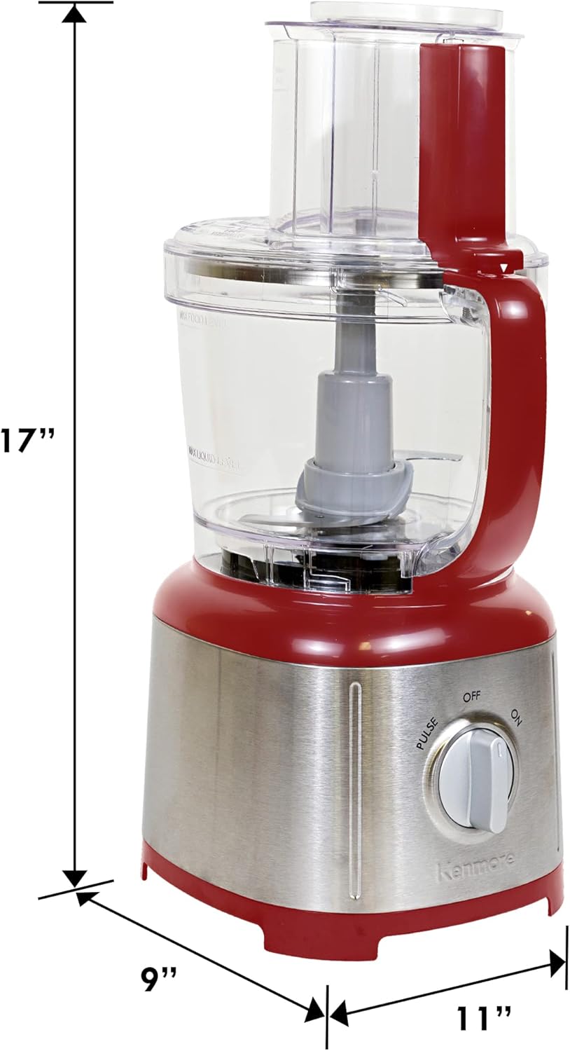 Kenmore 11-Cup Food Processor - Vegetable Procesador de Alimentos, Blender, Onion Chopper And Garlic Mincer, Kitchen Appliance High Powered Electric Licuadora, 500W Red, Stainless Steel Red