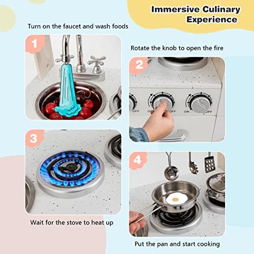 KOTEK Play Kitchen Set for Kids, Wooden Toddler Kitchen Playset with Water Dispenser w/Lights Sounds, Stove, Oven, Fridge, Microwave & Sink, Chef Pretend Play Toy Gift for Girls Boys Age 3+ (White)