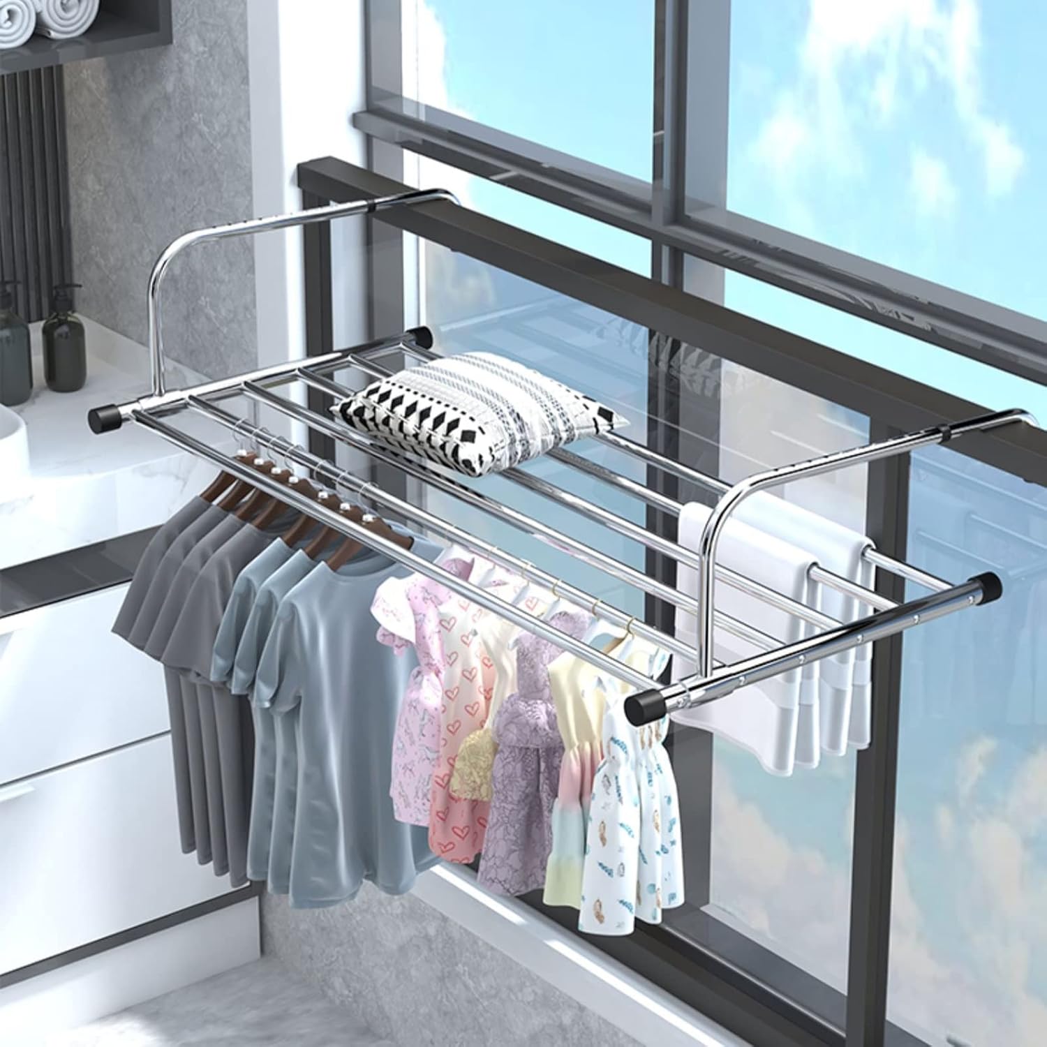 Clothes Airer Indoor Clothes Dryer Multifunction Balcony Drying Rack Stainless Steel Folding Airer Foldable Laundry Drying Rail Extendable Clothing Dryer Rack,50-86cm Warm,Silver 68