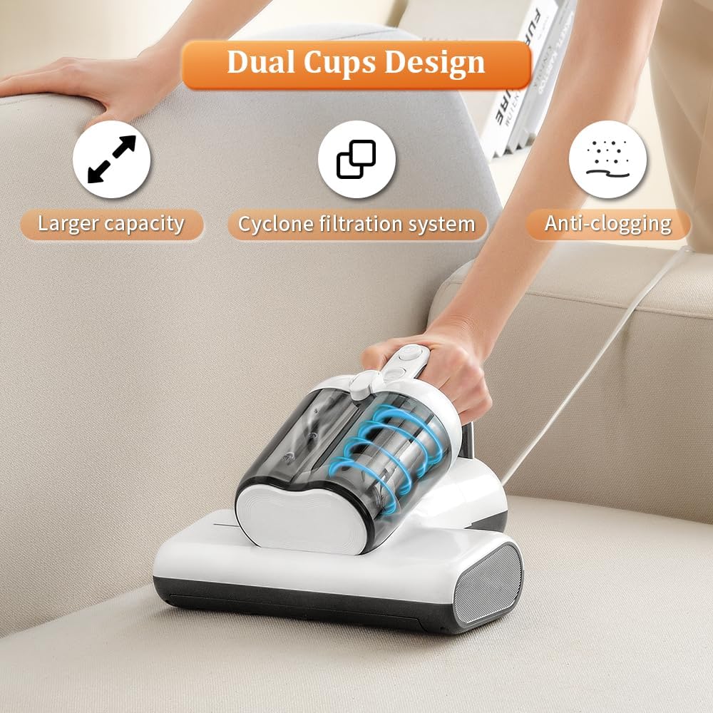 Laymi Mattress Vacuum Cleaner with UV-C Light, 450W Powerful Handheld Bed Vacuum with High Beating Roller Brush, True HEPA Filter, XL Dual Larger Dust Cup for Deep Cleaning of Dust & Pet Hair