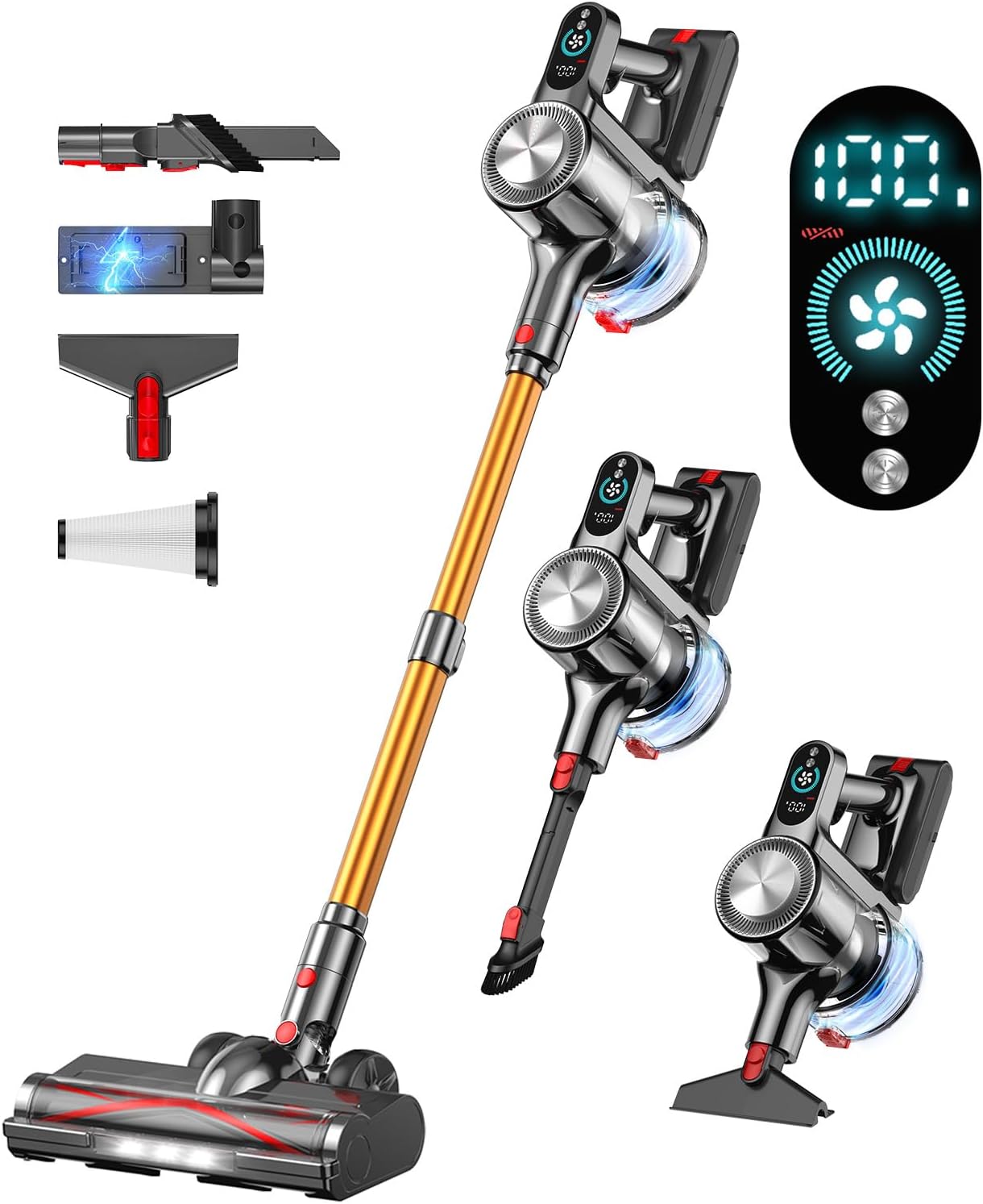 Cordless Vacuum Cleaner, 45Mins Vacuum Cleaners for Home with LED Display, Stick Vacuum Cordless Rechargeable, Wall-mounted Charging, Wireless Vacuum for Home Pet Hair, Carpet, Hardwood Floor