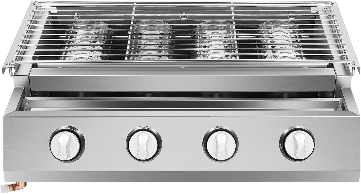 Gas Grill, Stainless Steel Outdoor Barbecue Grill 4-Burner Propane BBQ Grill with 4 Control Switches, Height Adjustable Gas Grill with Removable Oil Catch Tray, Barbecue Grill for Backyard Garden