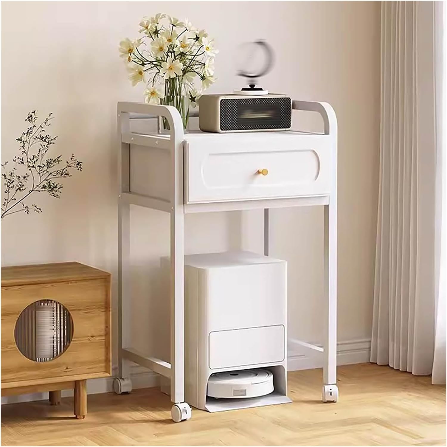 Generic Robot Vacuum Cleaner Storage Rack With Drawer, 39.7 Inch Home Storage Rack, Living Room Storage Display Rack, Mobile Fish Tank Rack(Natural,21.6x13.7x36.6in)