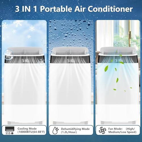10,000 BTU Portable Air Conditioner - 3-in-1 Cooling, Dehumidifier & Fan for Rooms Up to 450 Sq.Ft, Includes Remote Control & Window Installation Kit