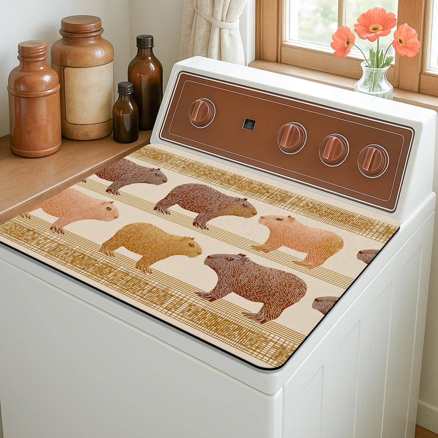 Capybara Washer Dryer Top Protector Mat, Vintage Animal Print Laundry Machine Covers, Cute Rustic Decorative Rubber Anti-slip Waterproof Mats for Laundry Room 20x24 Inch
