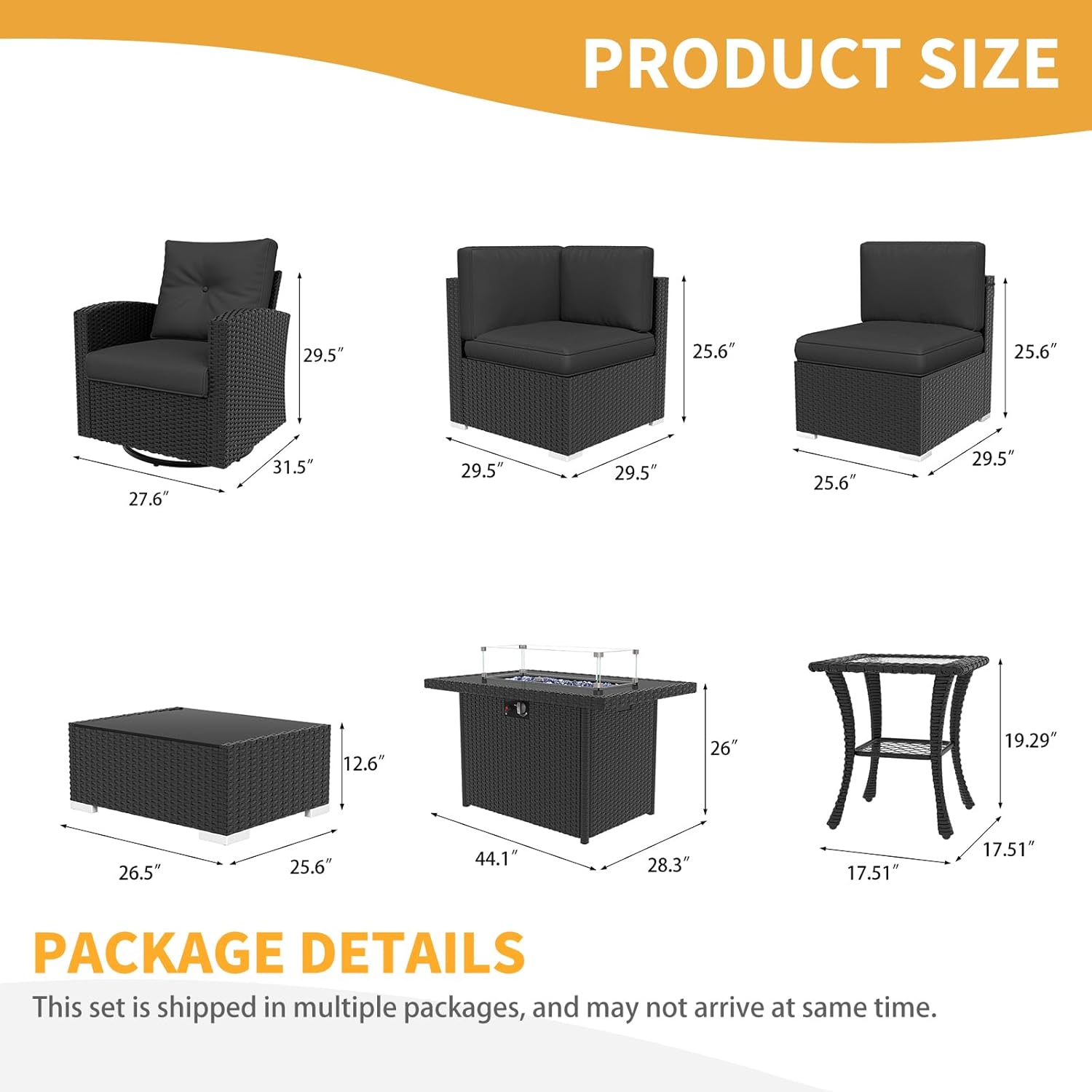 LayinSun 15 Pieces Patio Furniture Set with Fire Pit Table, Black Rattan Modular Sectional Outdoor Conversation Sofa Set, Swivel Rocking Chairs Set