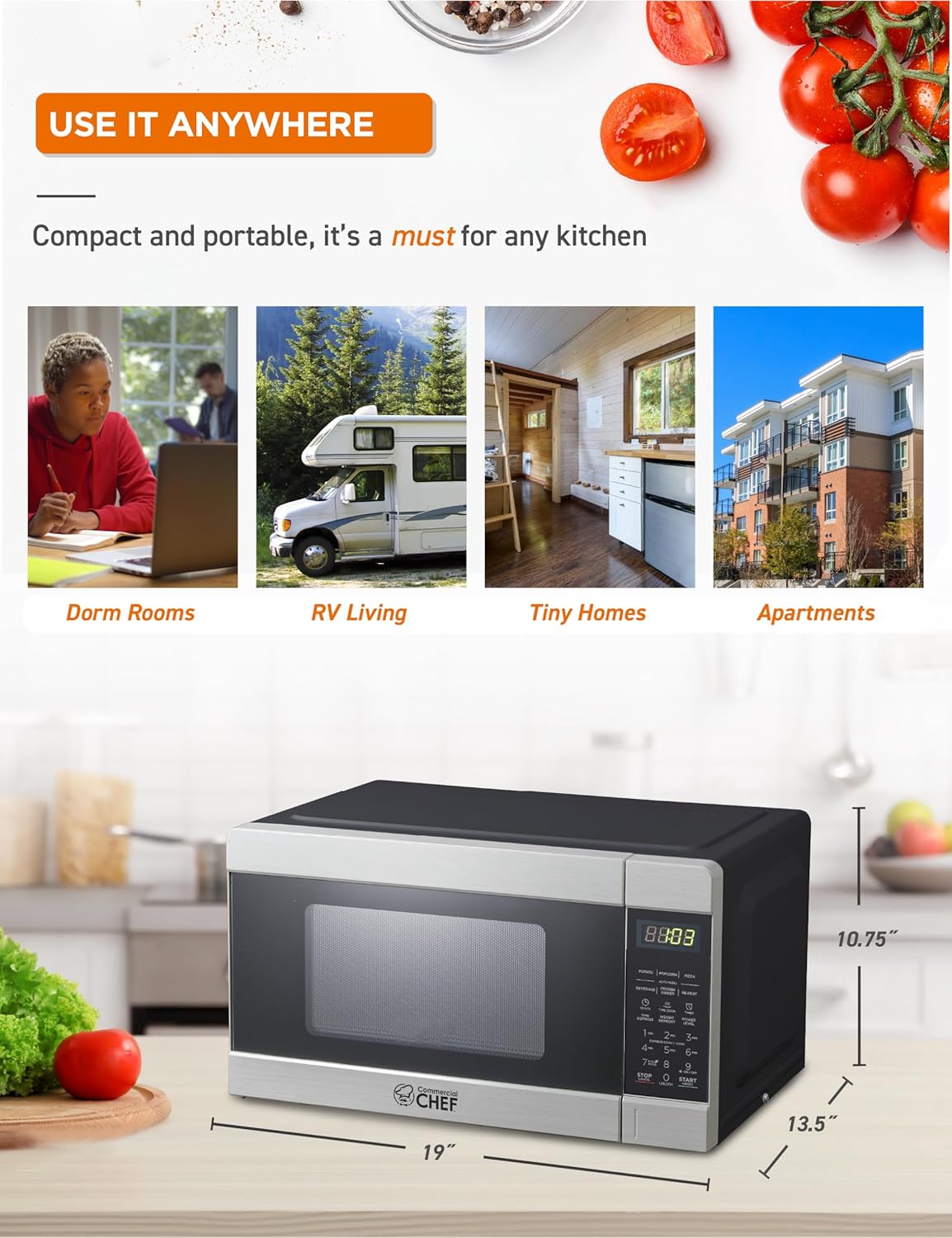 COMMERCIAL CHEF 0.9 Cu Ft Microwave with 10 Power Levels, Push Button and Child Lock, 900 Watt Microwave with Digital Controls, Countertop Microwave with Timer and Quick-Touch Menu, Stainless Steel