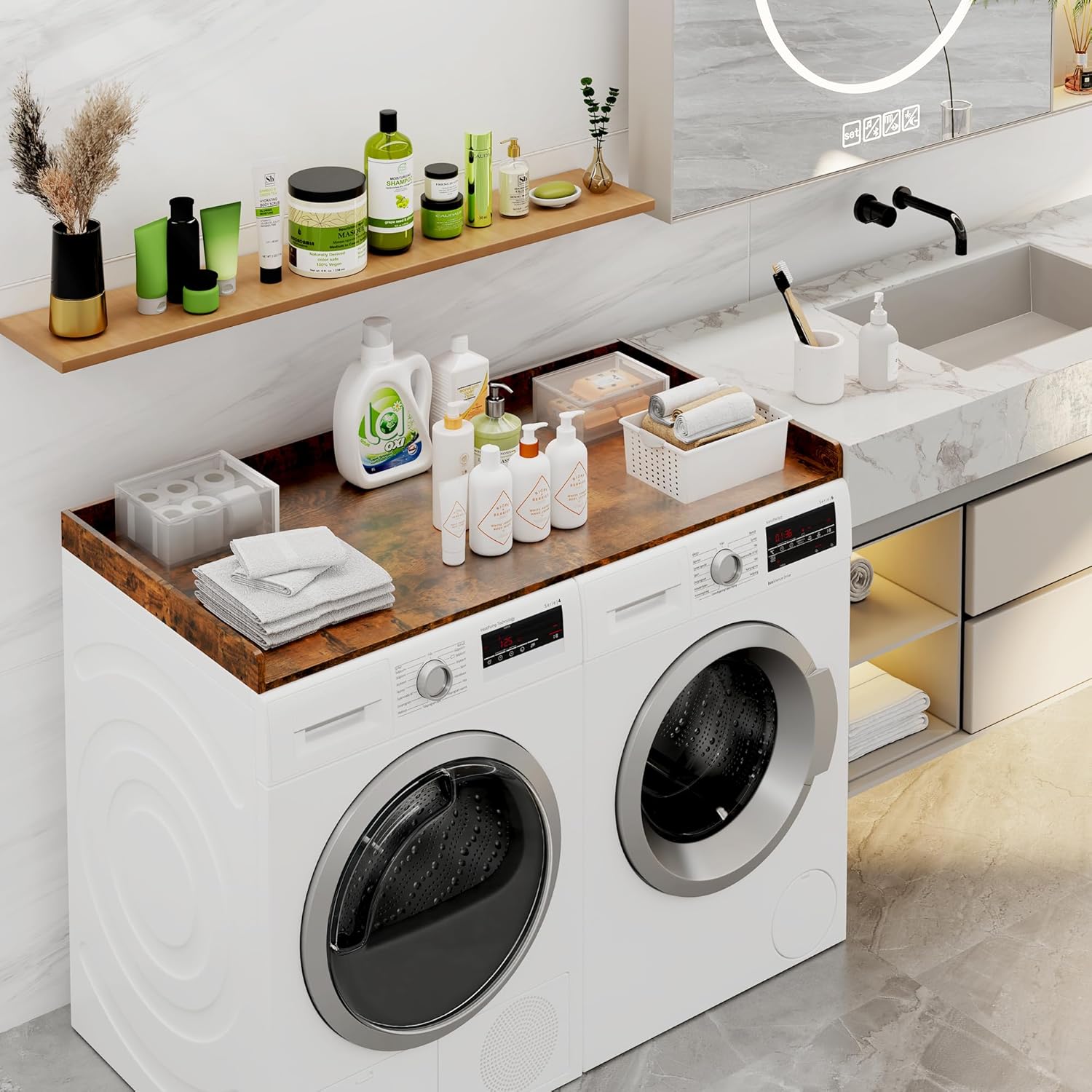 efluky Washer Dryer Countertop, Wood Countertop with Edge Rails for Laundry Room Organization and Storage, Washer Dryer Topper for Laundry Room, 27.5